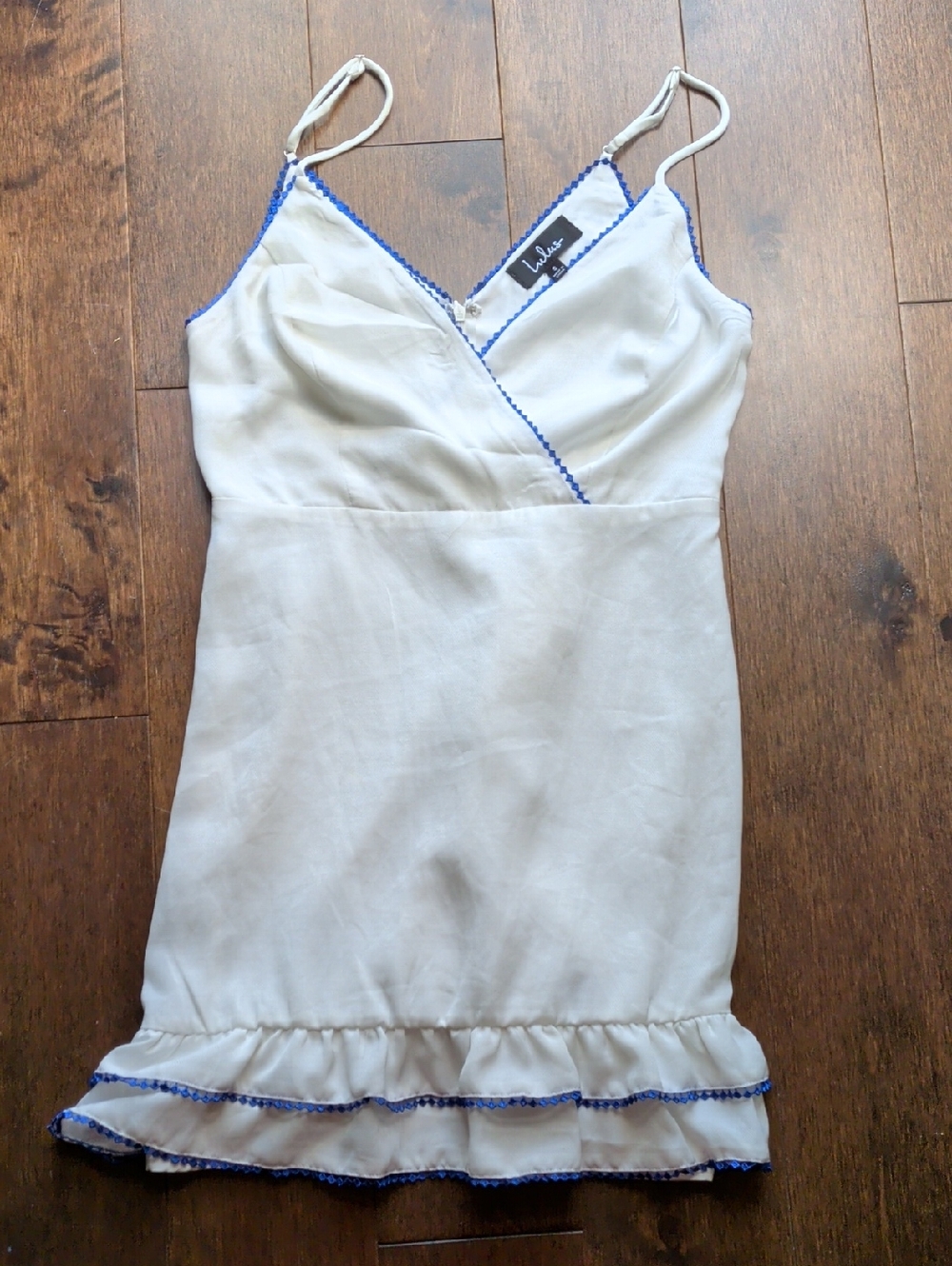 Lulu's Ivory Slip Dress with Blue Trim